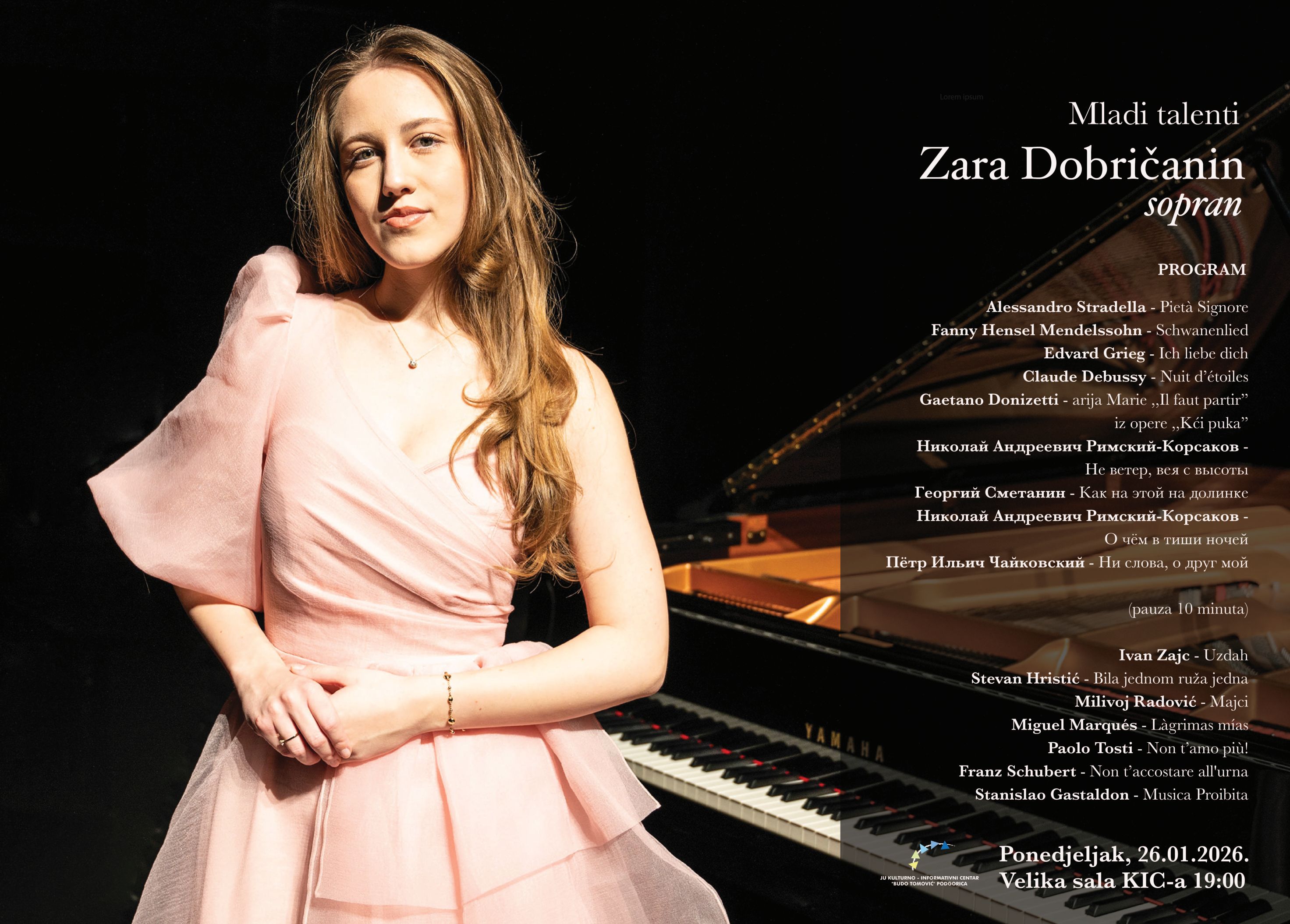 KONCERT SOPRANA ZARE DOBRIČANIN 26. JANUARA NA VELIKOJ SCENI KIC-a